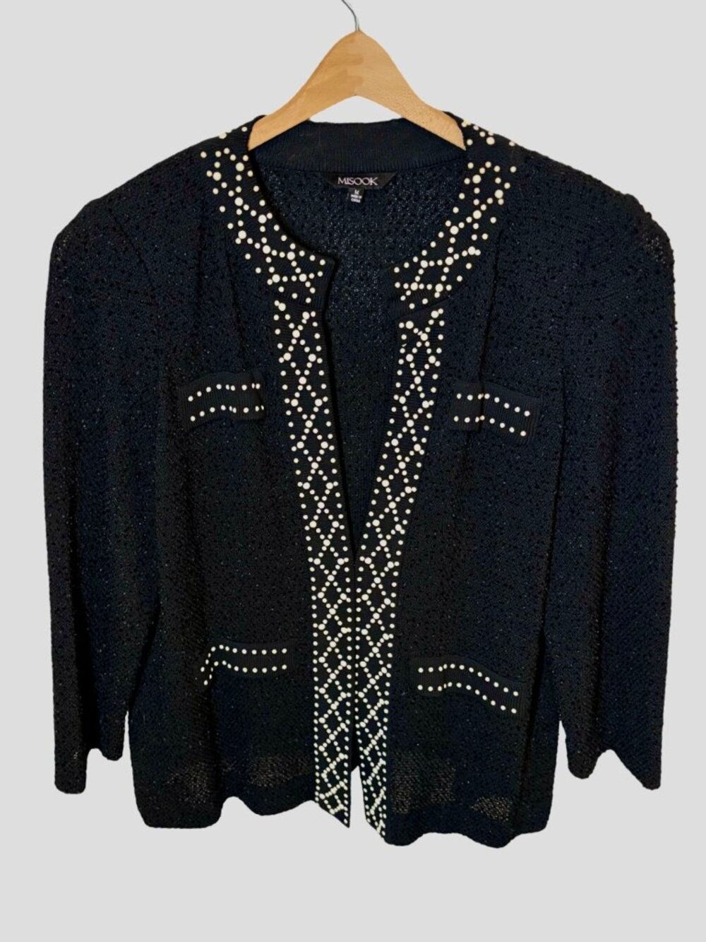 Misook Black Studded Textured Knit Open Front Classy Cardigan Size Medium